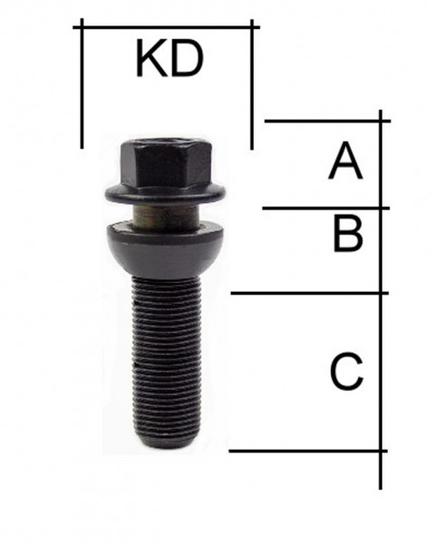 Radschraube M15 x 1,25 x 27 mm Kugelbund R14 zweiteilig SW17